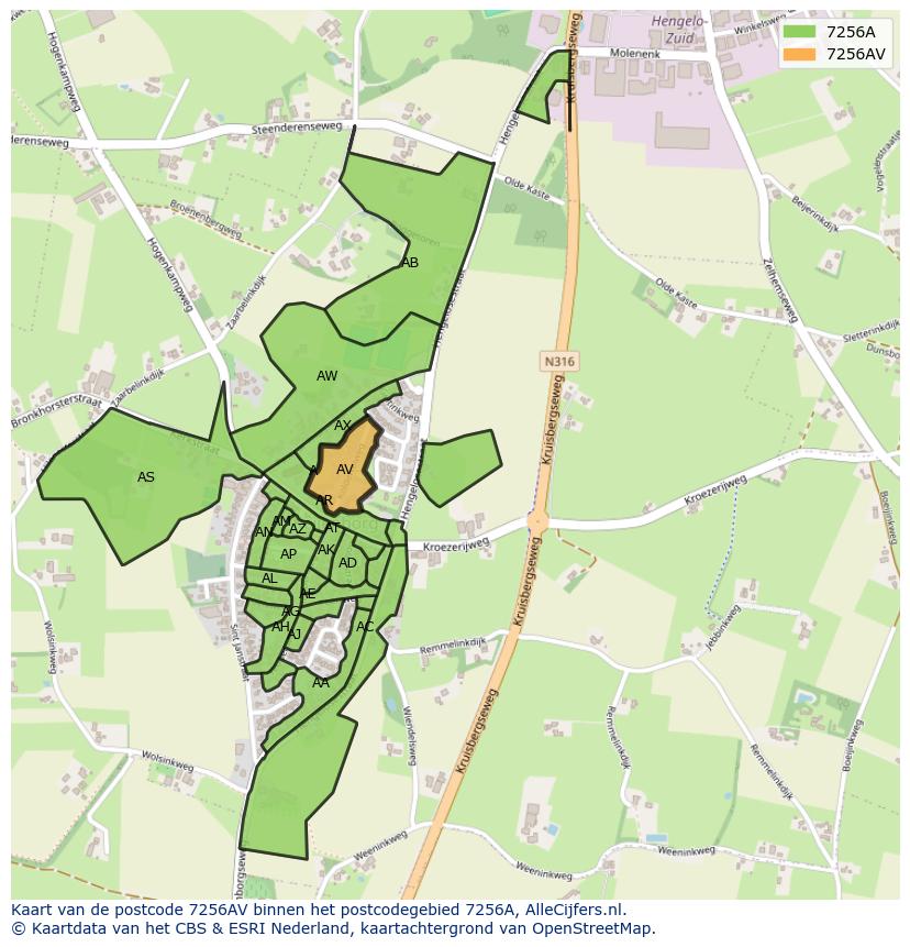 Afbeelding van het postcodegebied 7256 AV op de kaart.
