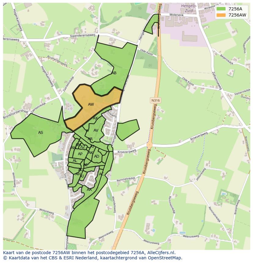 Afbeelding van het postcodegebied 7256 AW op de kaart.