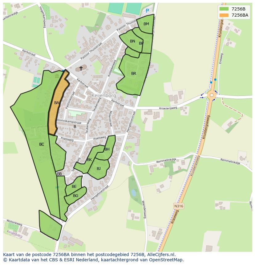 Afbeelding van het postcodegebied 7256 BA op de kaart.