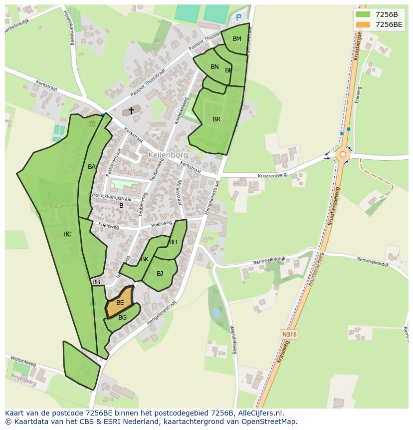 Afbeelding van het postcodegebied 7256 BE op de kaart.