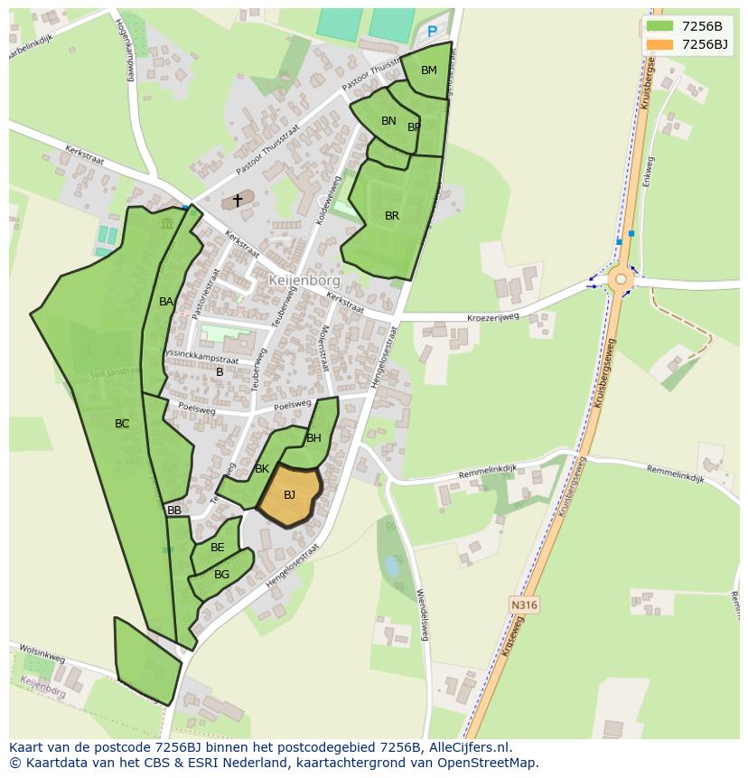 Afbeelding van het postcodegebied 7256 BJ op de kaart.