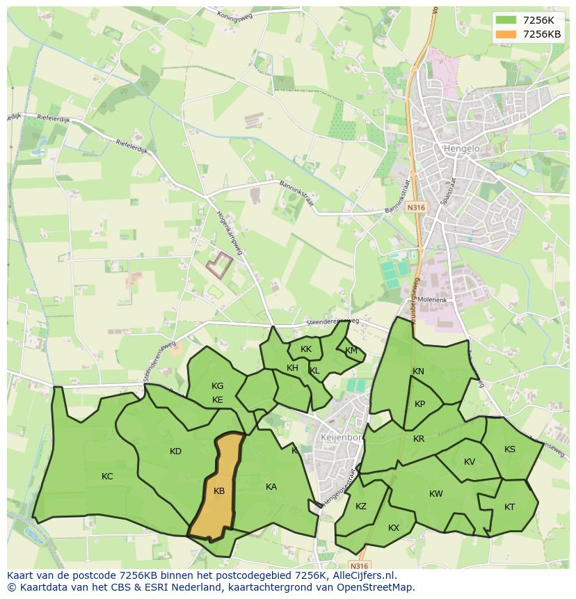 Afbeelding van het postcodegebied 7256 KB op de kaart.