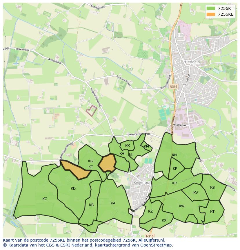 Afbeelding van het postcodegebied 7256 KE op de kaart.
