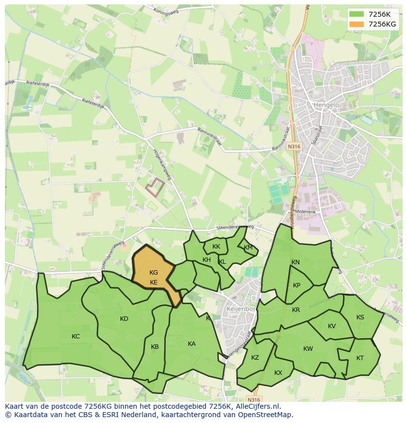 Afbeelding van het postcodegebied 7256 KG op de kaart.
