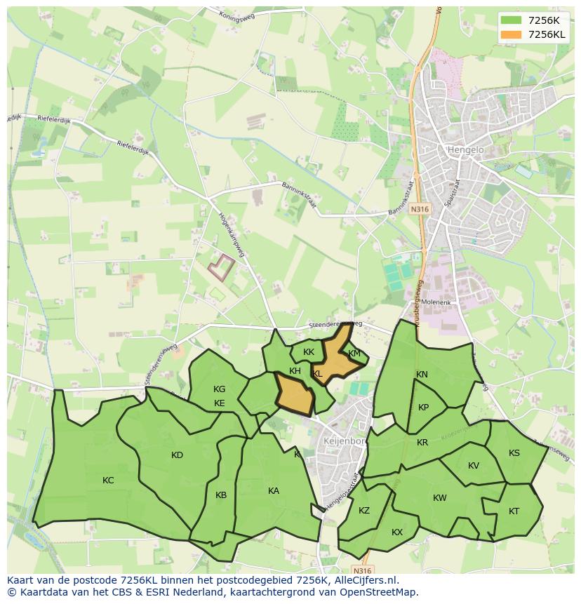 Afbeelding van het postcodegebied 7256 KL op de kaart.