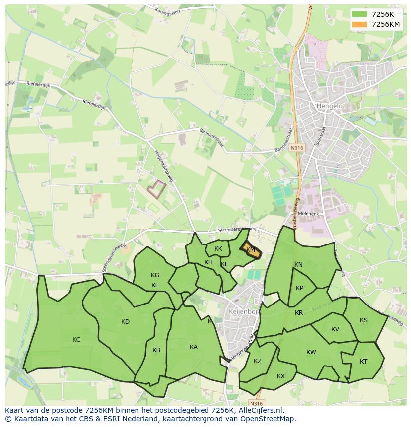 Afbeelding van het postcodegebied 7256 KM op de kaart.