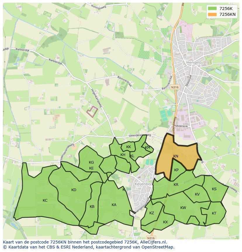Afbeelding van het postcodegebied 7256 KN op de kaart.