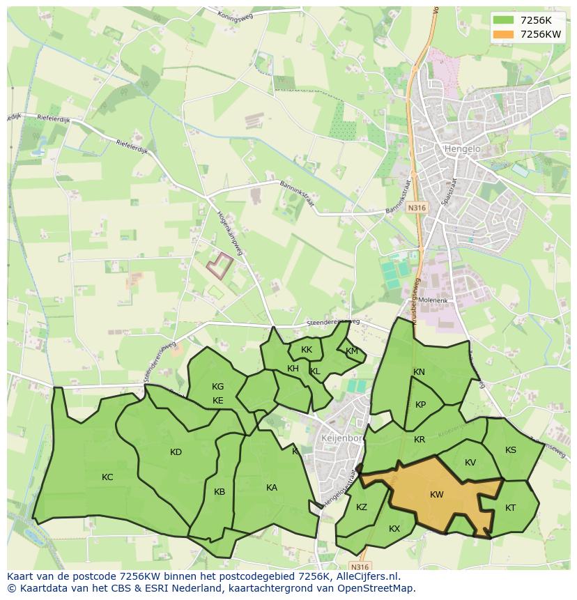 Afbeelding van het postcodegebied 7256 KW op de kaart.