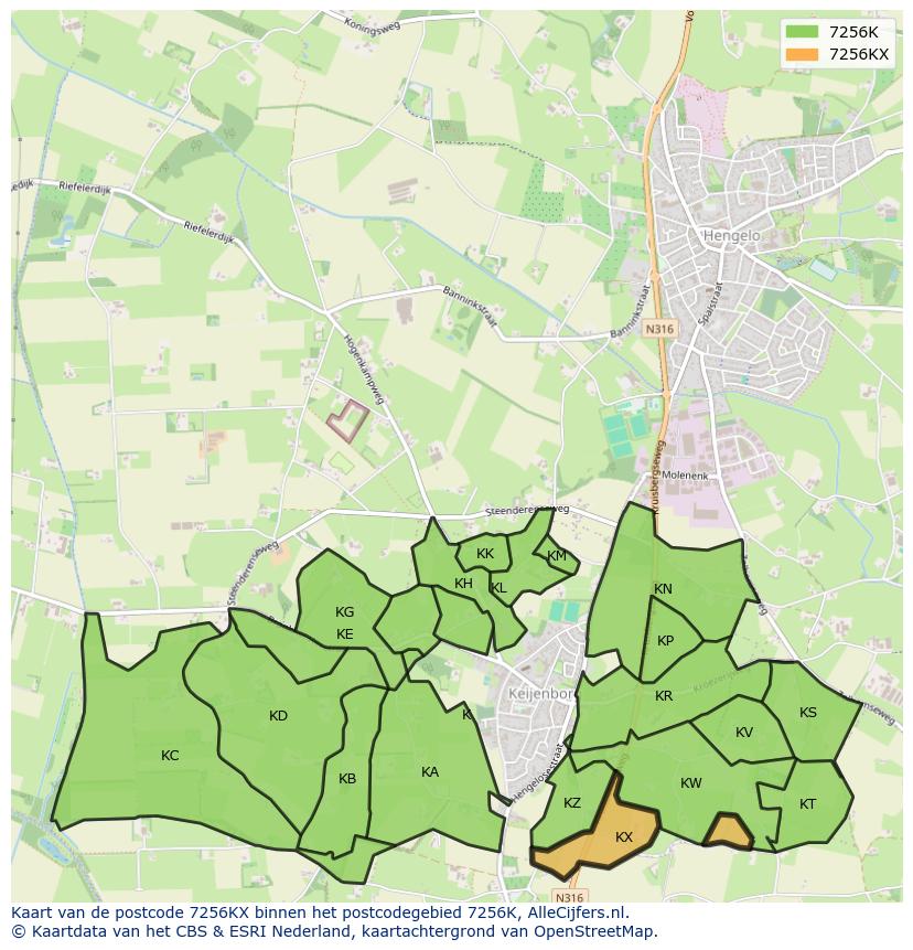 Afbeelding van het postcodegebied 7256 KX op de kaart.