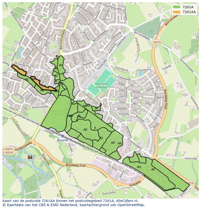 Afbeelding van het postcodegebied 7261 AA op de kaart.