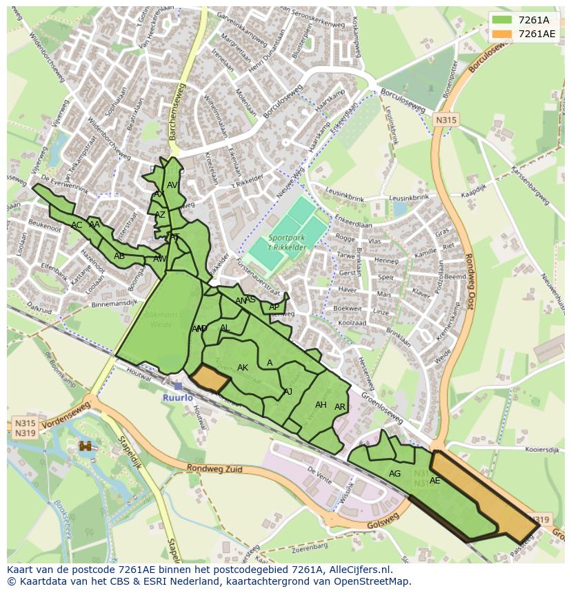 Afbeelding van het postcodegebied 7261 AE op de kaart.