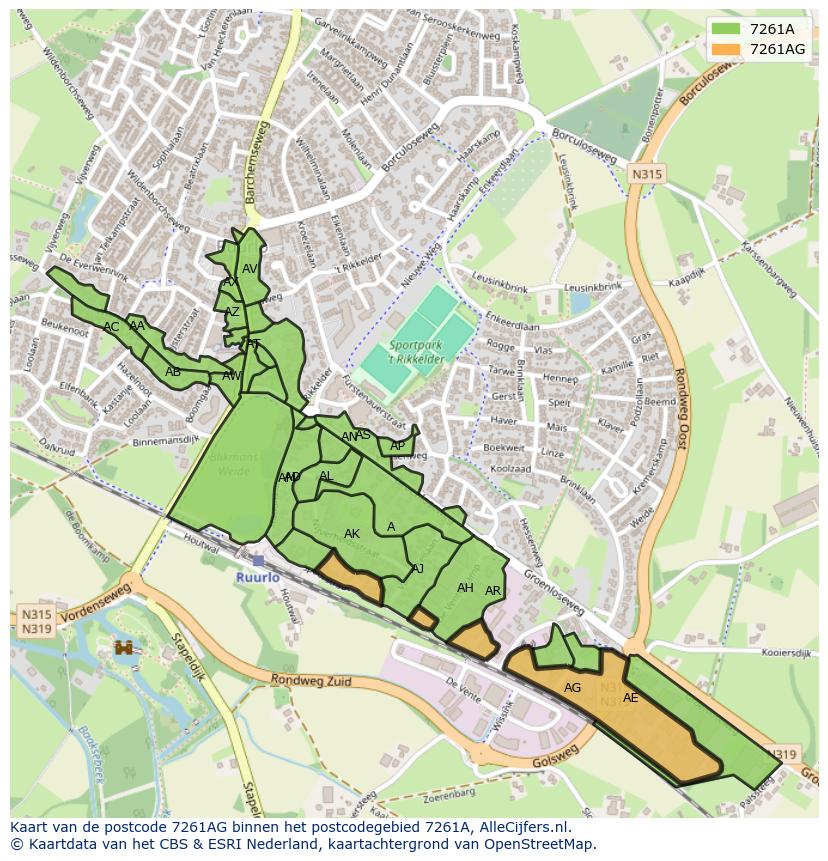 Afbeelding van het postcodegebied 7261 AG op de kaart.