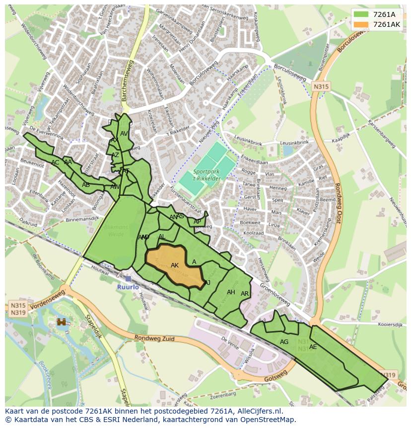 Afbeelding van het postcodegebied 7261 AK op de kaart.