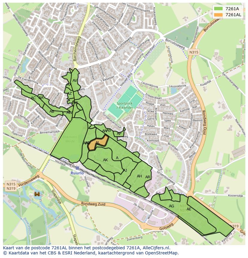 Afbeelding van het postcodegebied 7261 AL op de kaart.