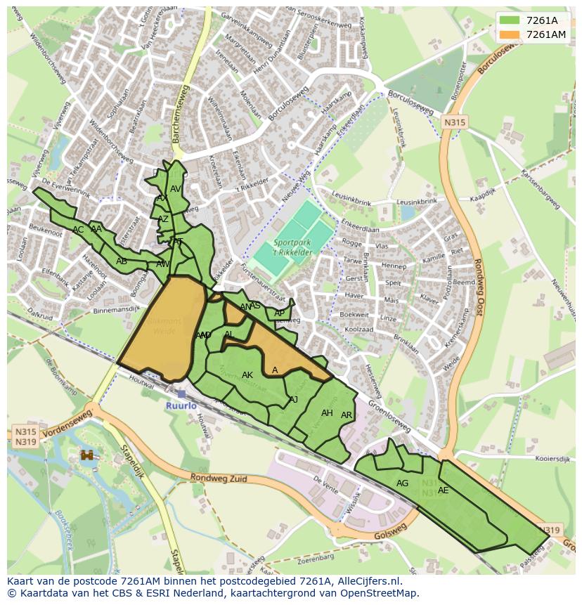 Afbeelding van het postcodegebied 7261 AM op de kaart.