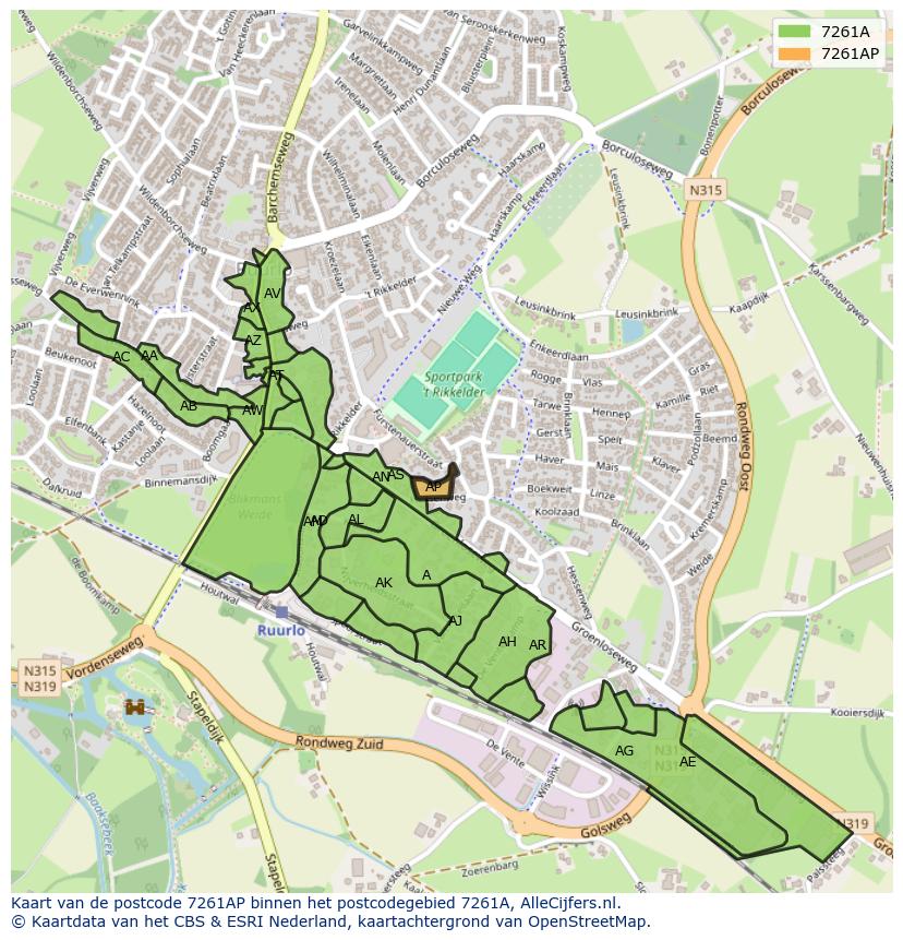 Afbeelding van het postcodegebied 7261 AP op de kaart.