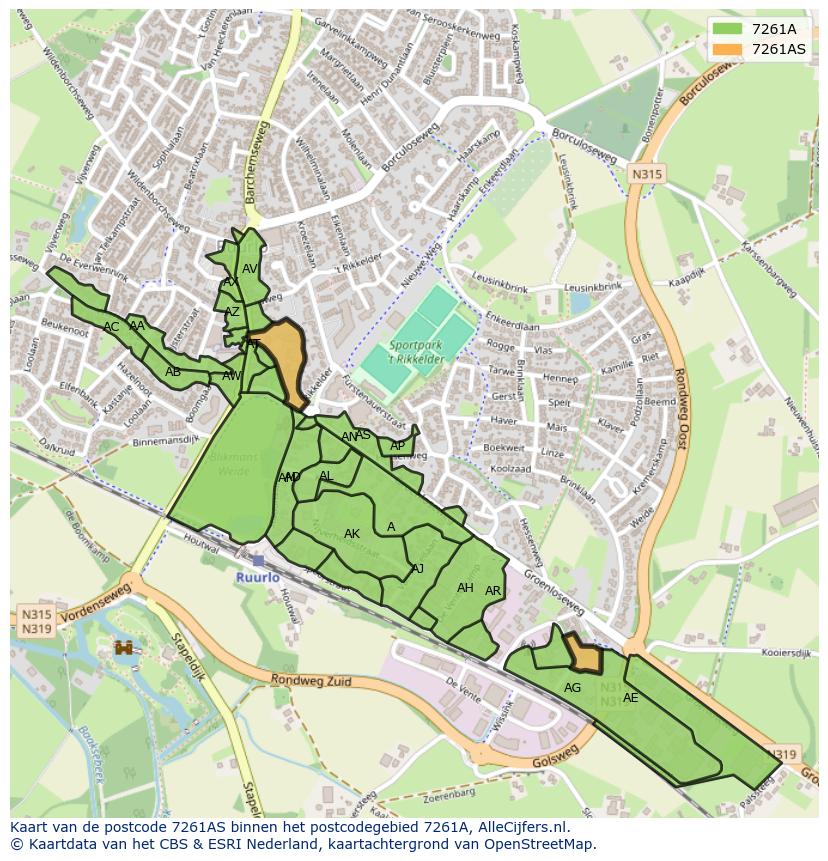 Afbeelding van het postcodegebied 7261 AS op de kaart.