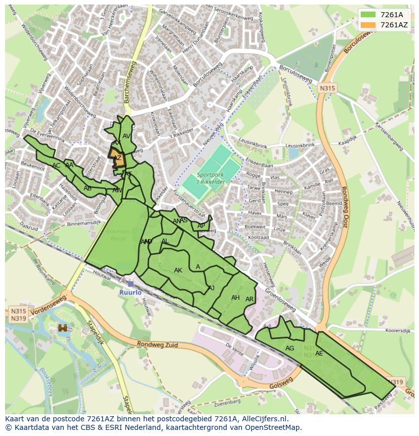 Afbeelding van het postcodegebied 7261 AZ op de kaart.