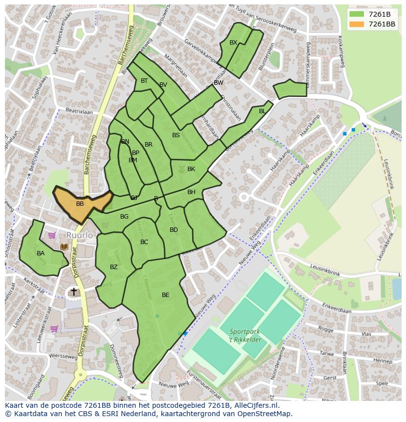 Afbeelding van het postcodegebied 7261 BB op de kaart.