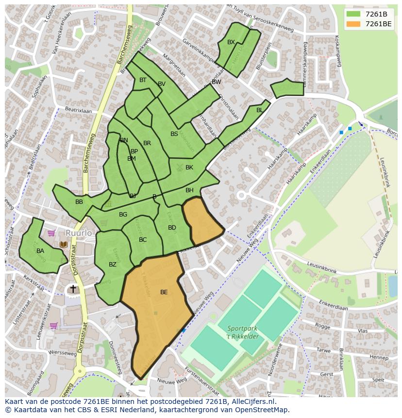 Afbeelding van het postcodegebied 7261 BE op de kaart.