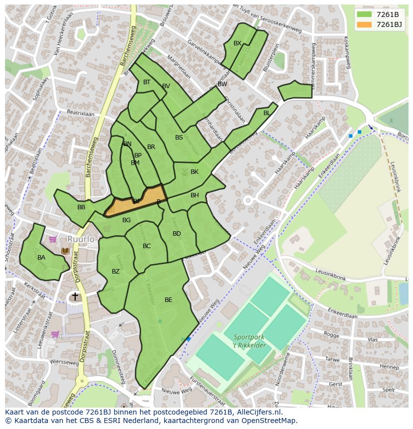 Afbeelding van het postcodegebied 7261 BJ op de kaart.