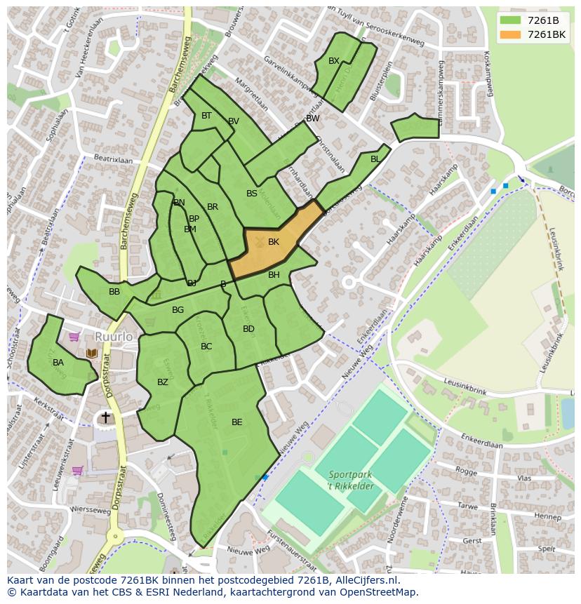 Afbeelding van het postcodegebied 7261 BK op de kaart.