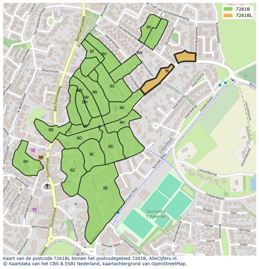 Afbeelding van het postcodegebied 7261 BL op de kaart.