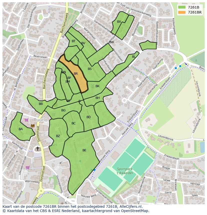 Afbeelding van het postcodegebied 7261 BR op de kaart.