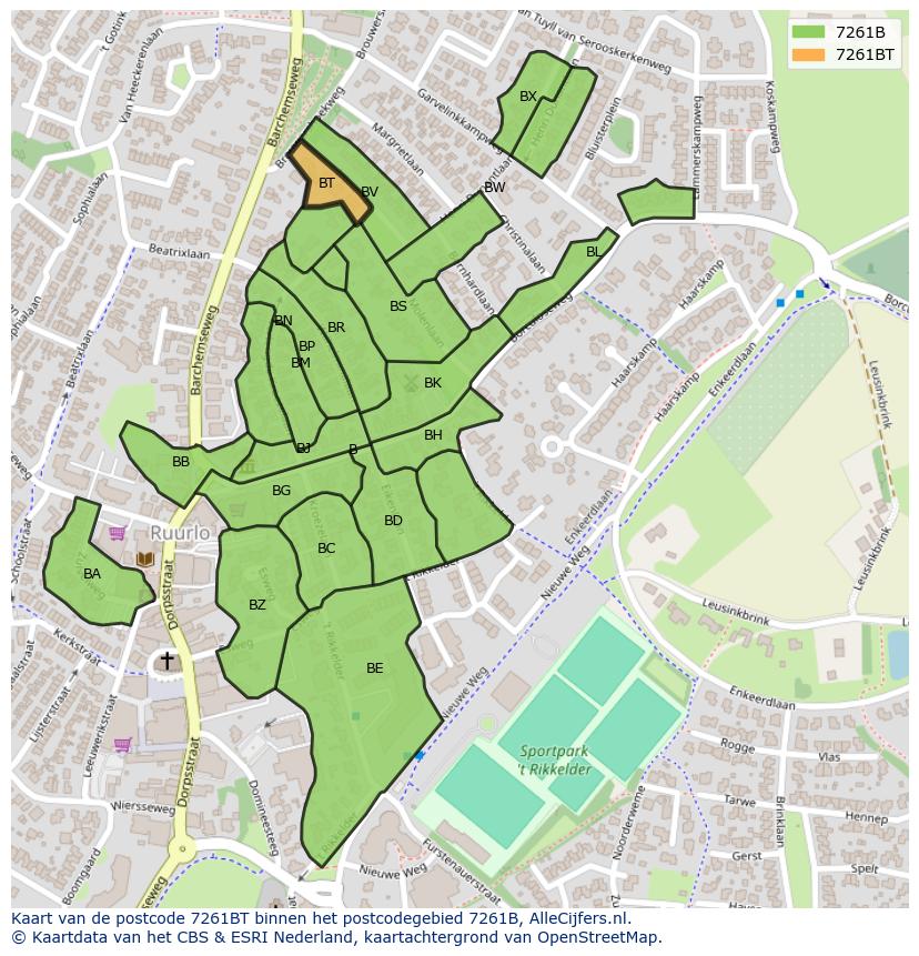 Afbeelding van het postcodegebied 7261 BT op de kaart.