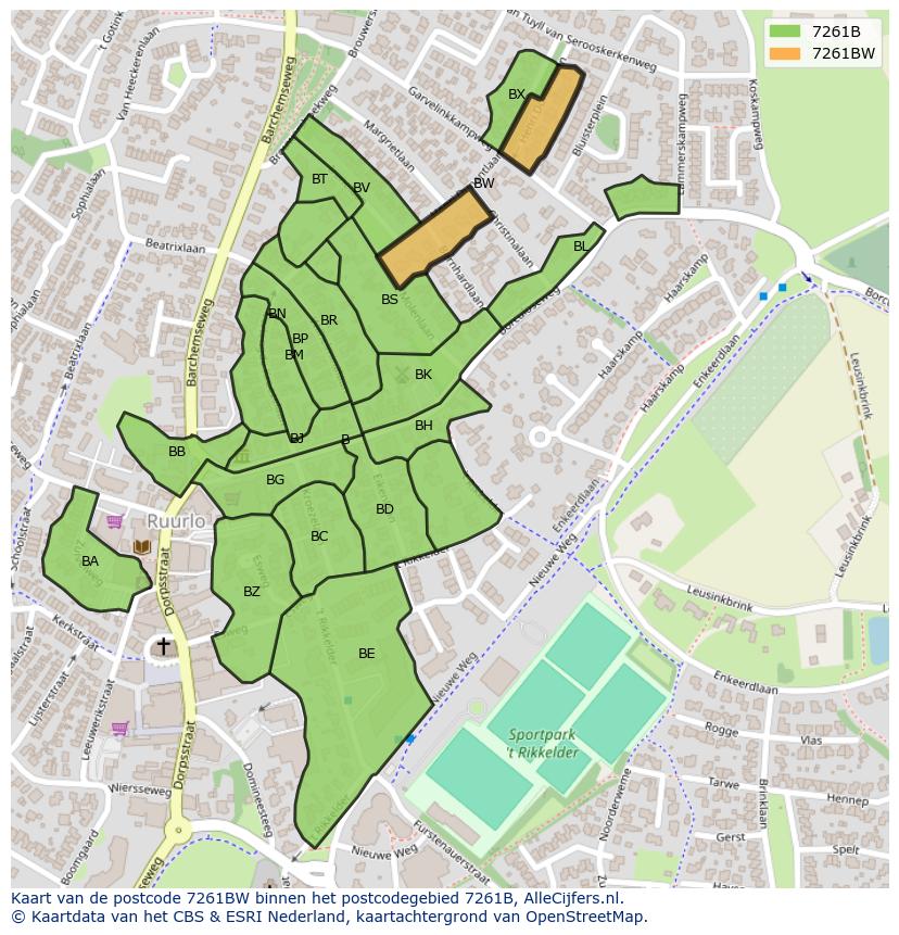Afbeelding van het postcodegebied 7261 BW op de kaart.