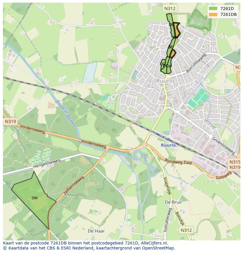 Afbeelding van het postcodegebied 7261 DB op de kaart.