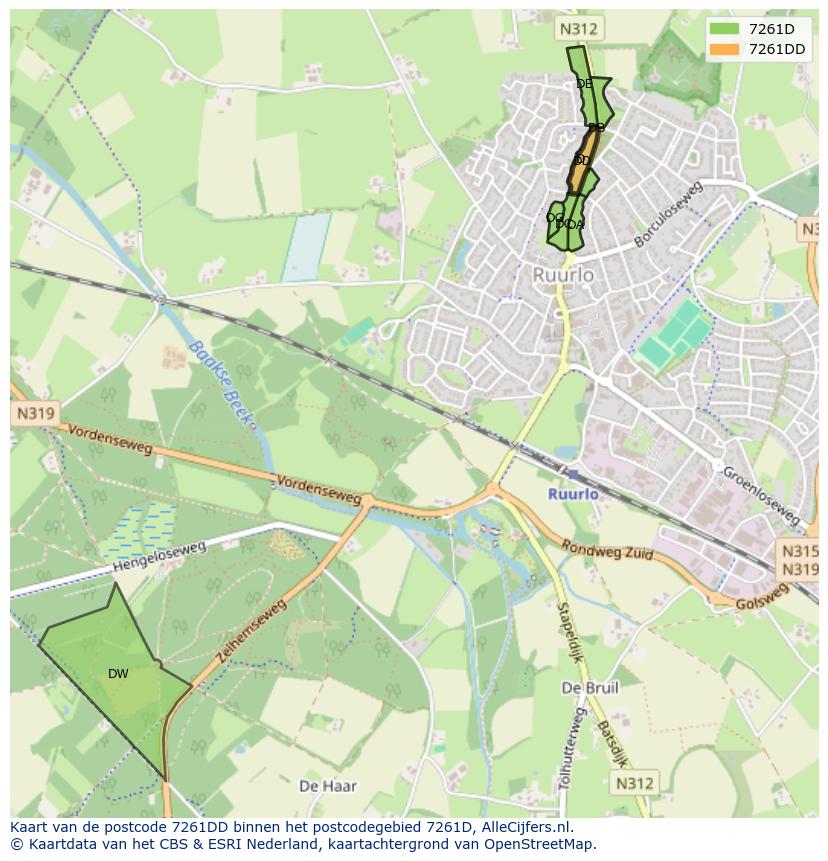 Afbeelding van het postcodegebied 7261 DD op de kaart.