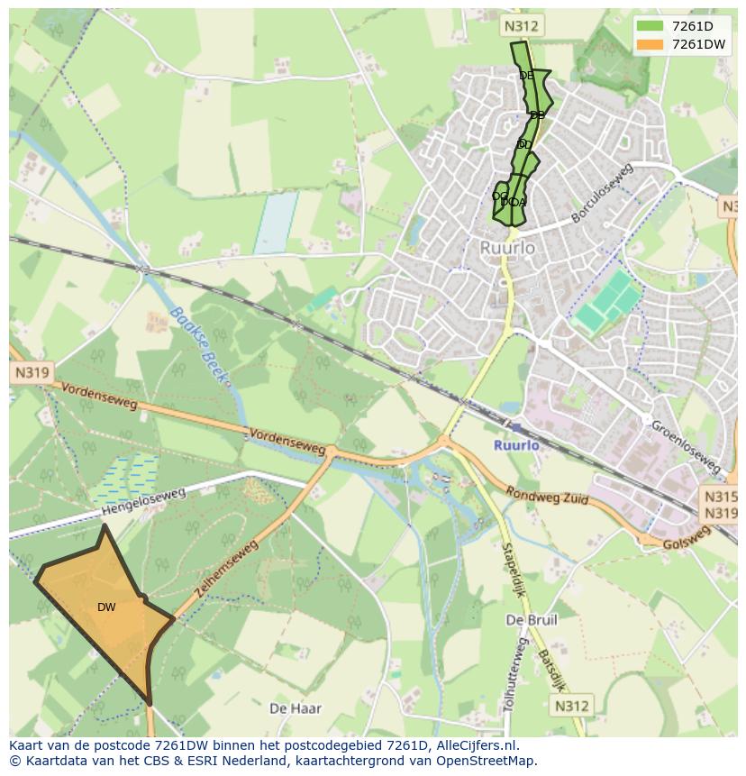 Afbeelding van het postcodegebied 7261 DW op de kaart.