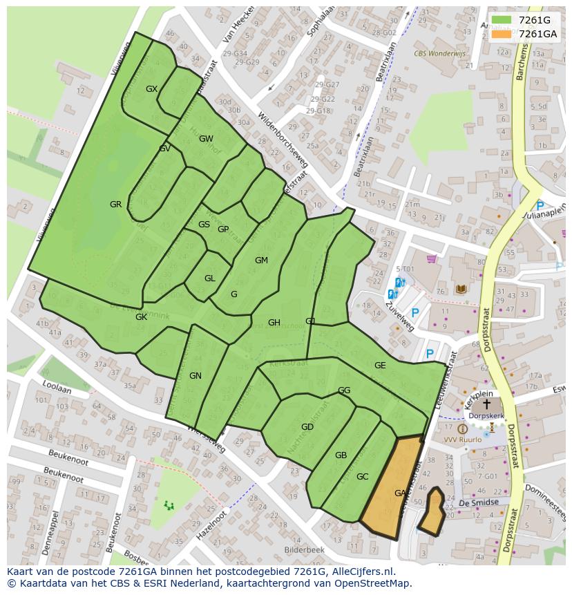 Afbeelding van het postcodegebied 7261 GA op de kaart.