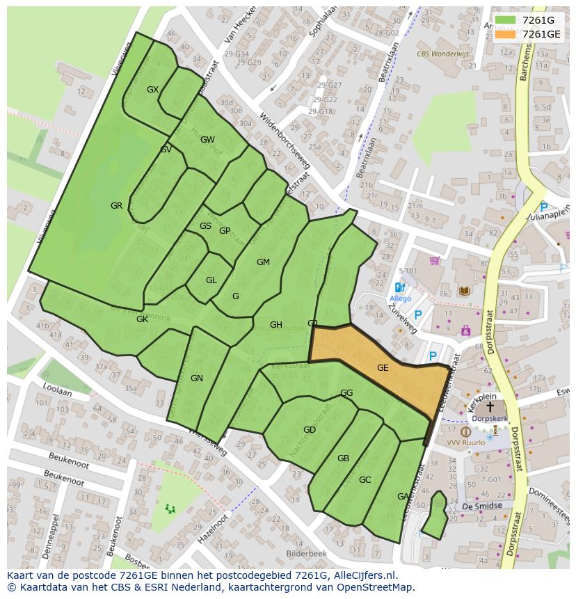 Afbeelding van het postcodegebied 7261 GE op de kaart.