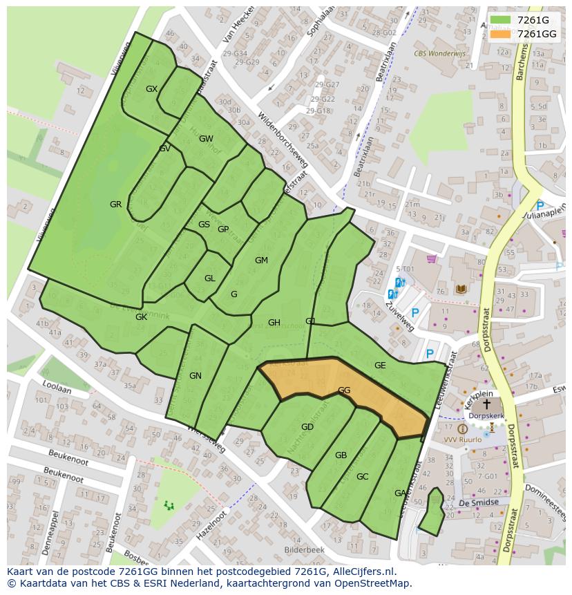 Afbeelding van het postcodegebied 7261 GG op de kaart.