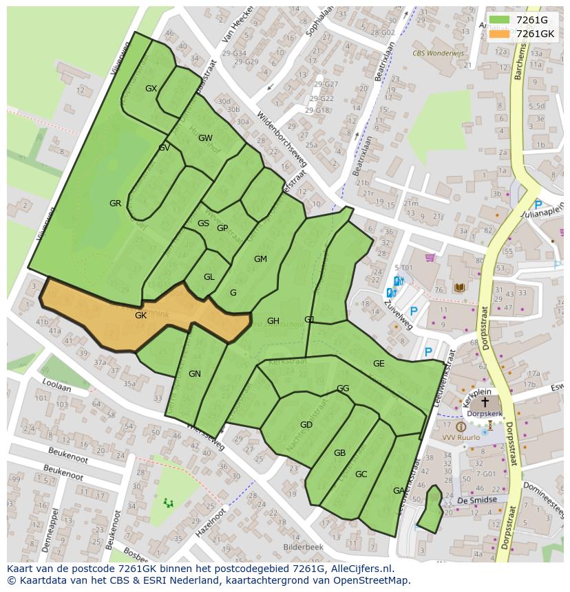 Afbeelding van het postcodegebied 7261 GK op de kaart.