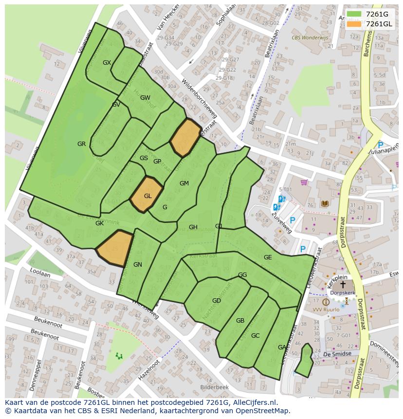 Afbeelding van het postcodegebied 7261 GL op de kaart.