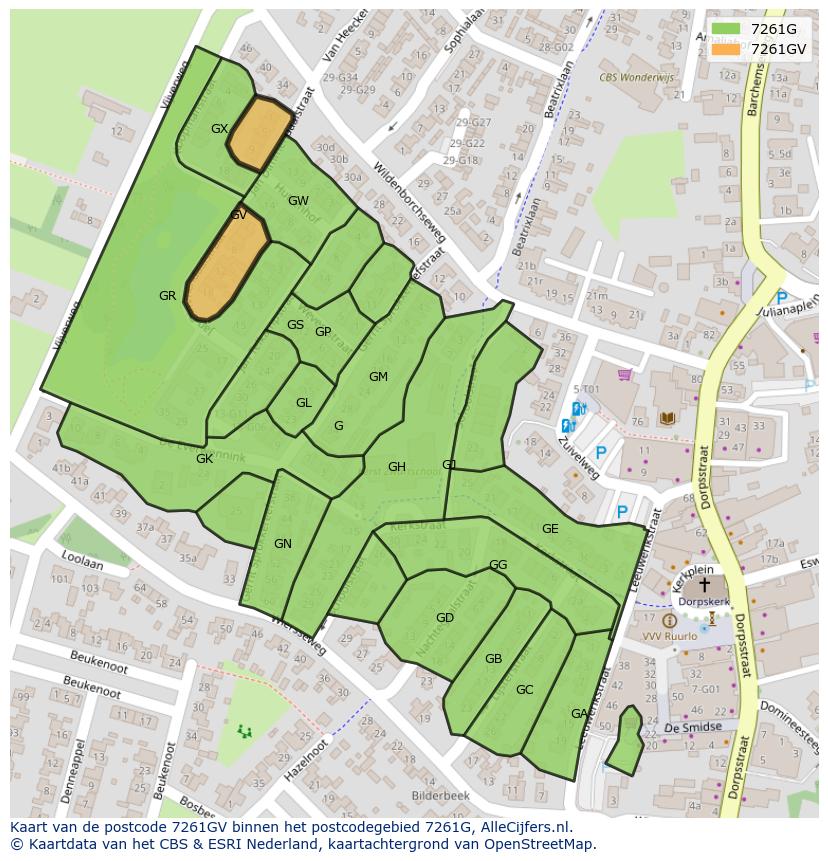 Afbeelding van het postcodegebied 7261 GV op de kaart.