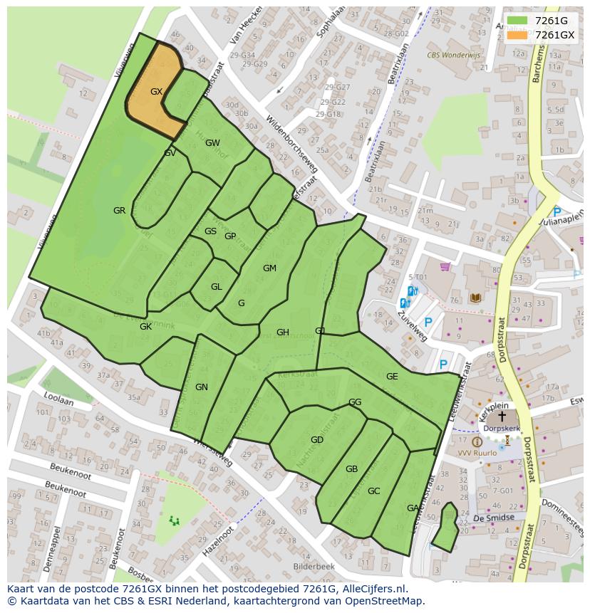 Afbeelding van het postcodegebied 7261 GX op de kaart.