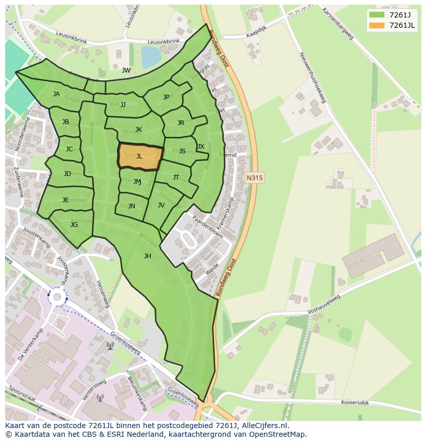 Afbeelding van het postcodegebied 7261 JL op de kaart.