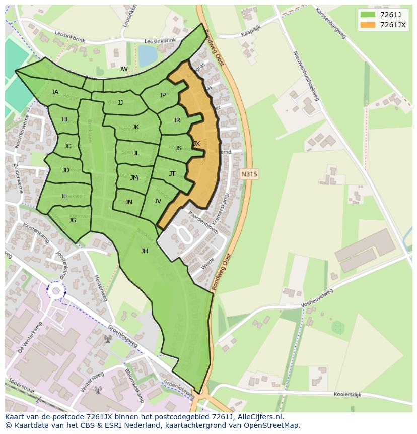 Afbeelding van het postcodegebied 7261 JX op de kaart.