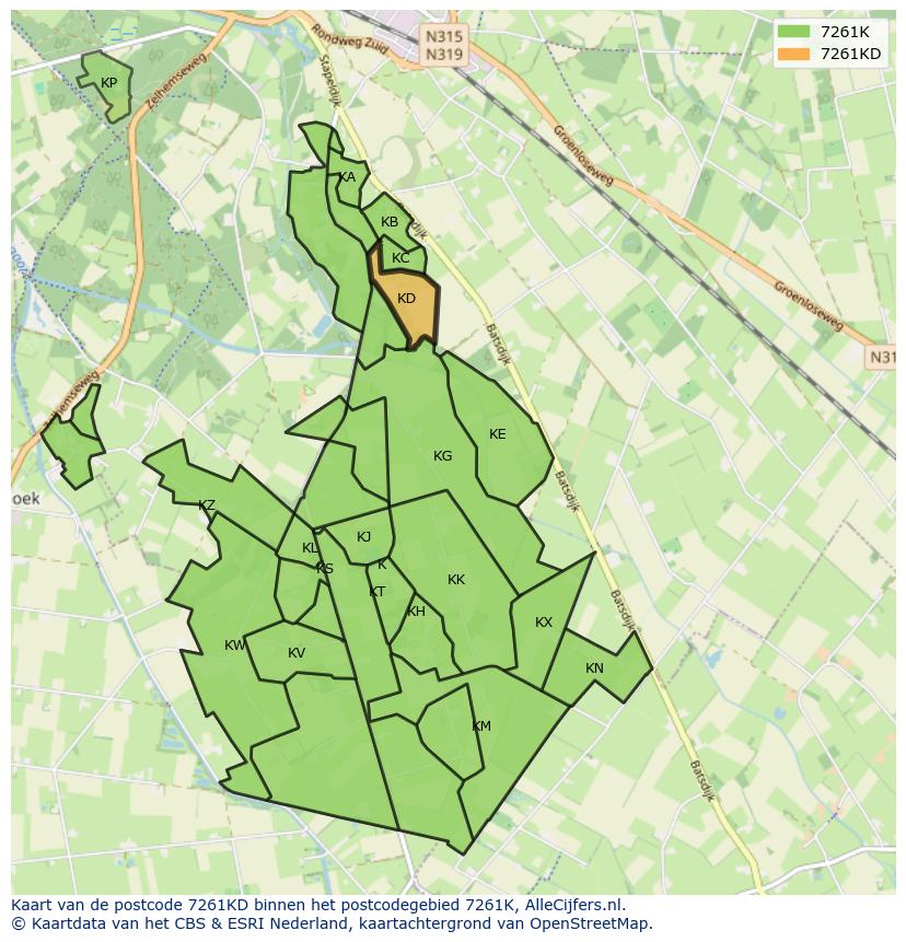 Afbeelding van het postcodegebied 7261 KD op de kaart.