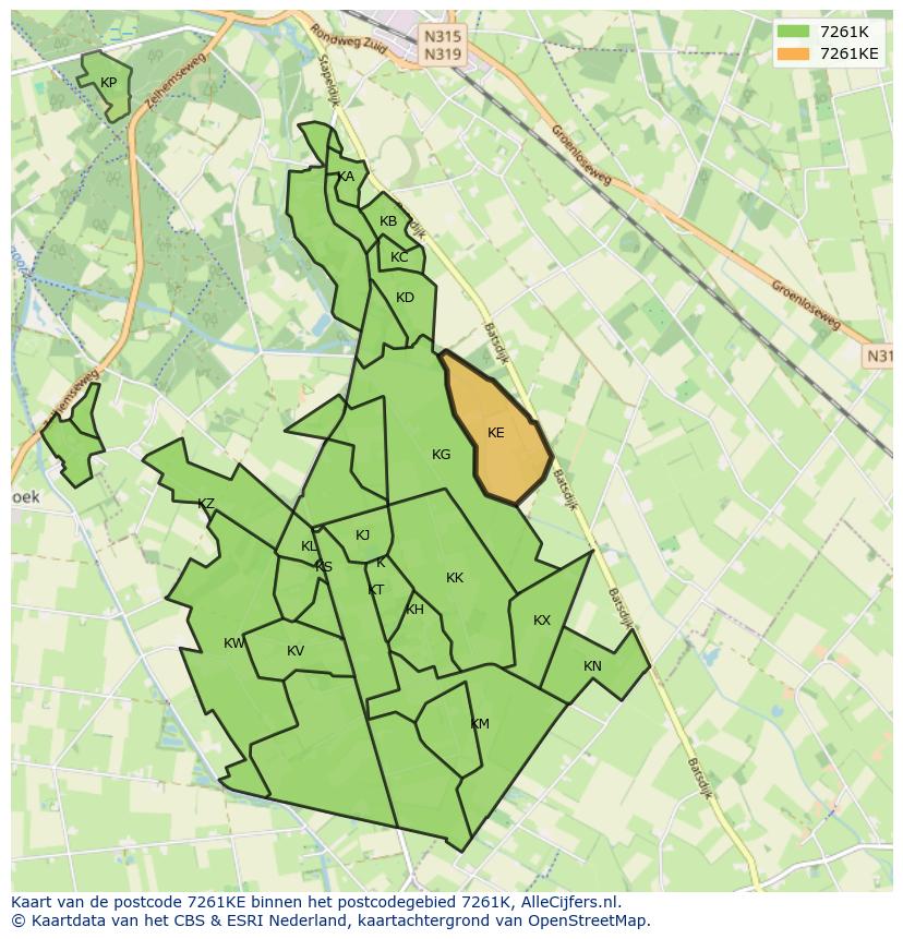 Afbeelding van het postcodegebied 7261 KE op de kaart.