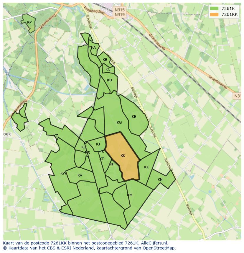 Afbeelding van het postcodegebied 7261 KK op de kaart.