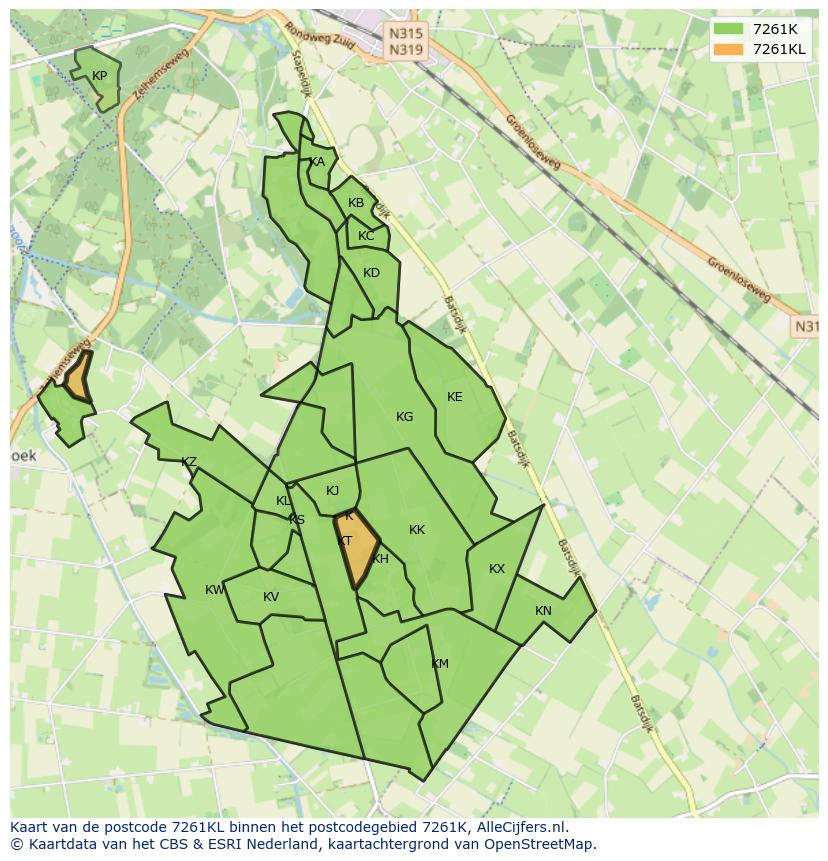 Afbeelding van het postcodegebied 7261 KL op de kaart.