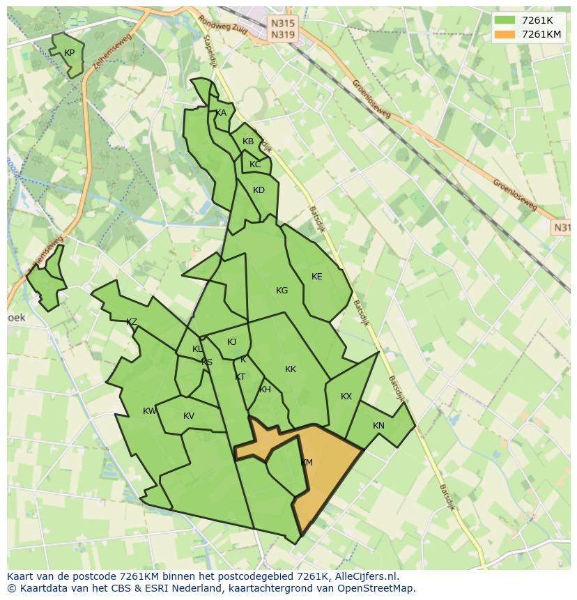 Afbeelding van het postcodegebied 7261 KM op de kaart.