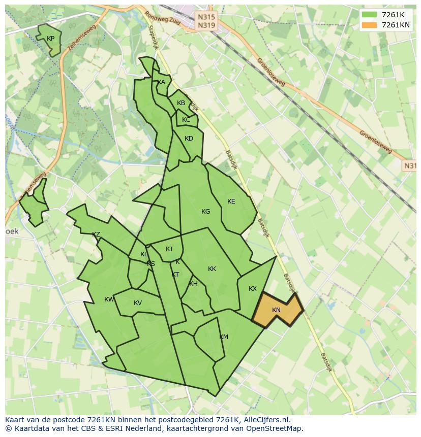 Afbeelding van het postcodegebied 7261 KN op de kaart.