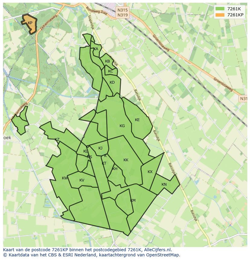 Afbeelding van het postcodegebied 7261 KP op de kaart.