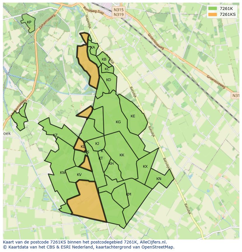 Afbeelding van het postcodegebied 7261 KS op de kaart.